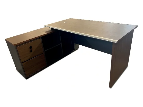 Walnut desk with a pale top and a grey return