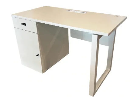 White desk on a slim metal frame with a pedestal drawer