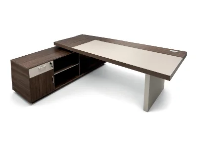 Oak director desk with a pale top and a drawer return
