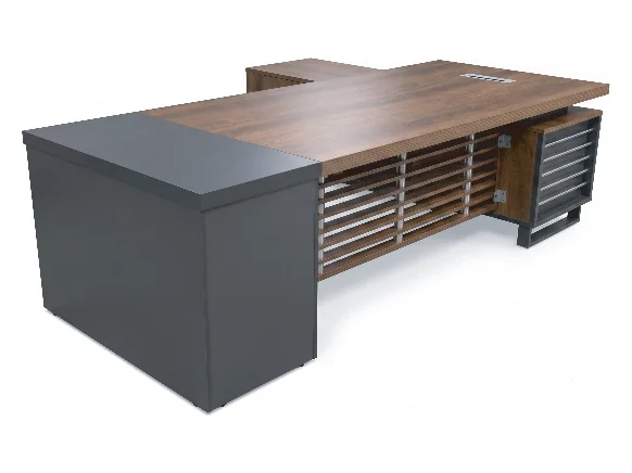 Executive table with a slatted side panel and a grey return