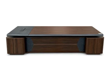 Long teak executive desk with a dark front panel