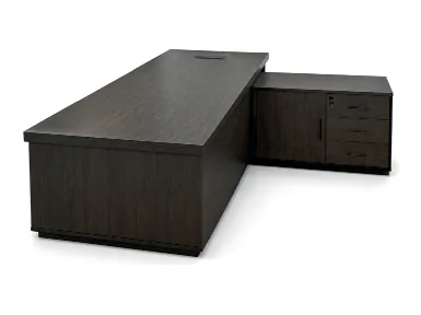 Dark textured executive table with a white-fronted return cabinet