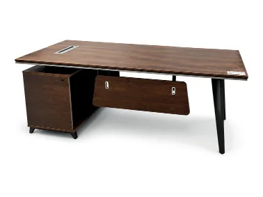 Walnut executive table on black legs with a mobile drawer unit