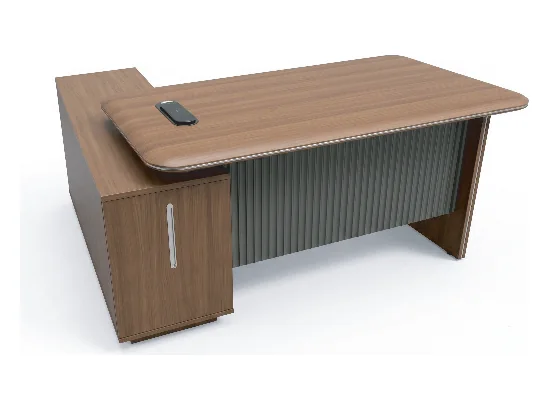 Walnut executive desk with a fluted grey front and a return