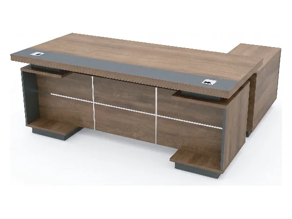Executive table with silver-trimmed drawers and a return cabinet