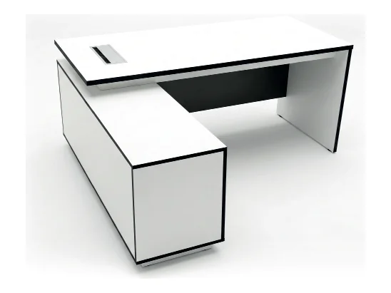 White L-shaped desk with grey panels