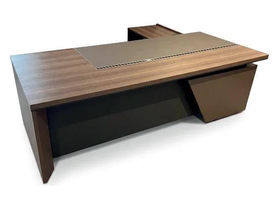 Royal teak manager desk with a curved end and a bronze return