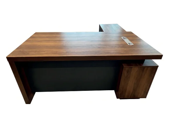 Dark wood manager desk with a cream-topped return