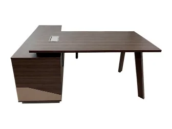 Walnut manager desk on angled legs with a drawer return