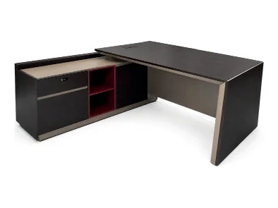 Dark manager desk with a pale front panel and a side table