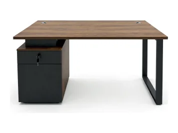 Walnut staff desk on black metal legs with a pedestal drawer